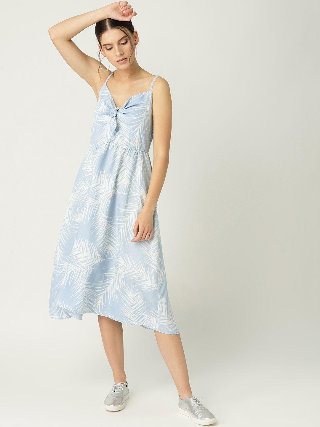 mango blue & white tropical print a-line dress
