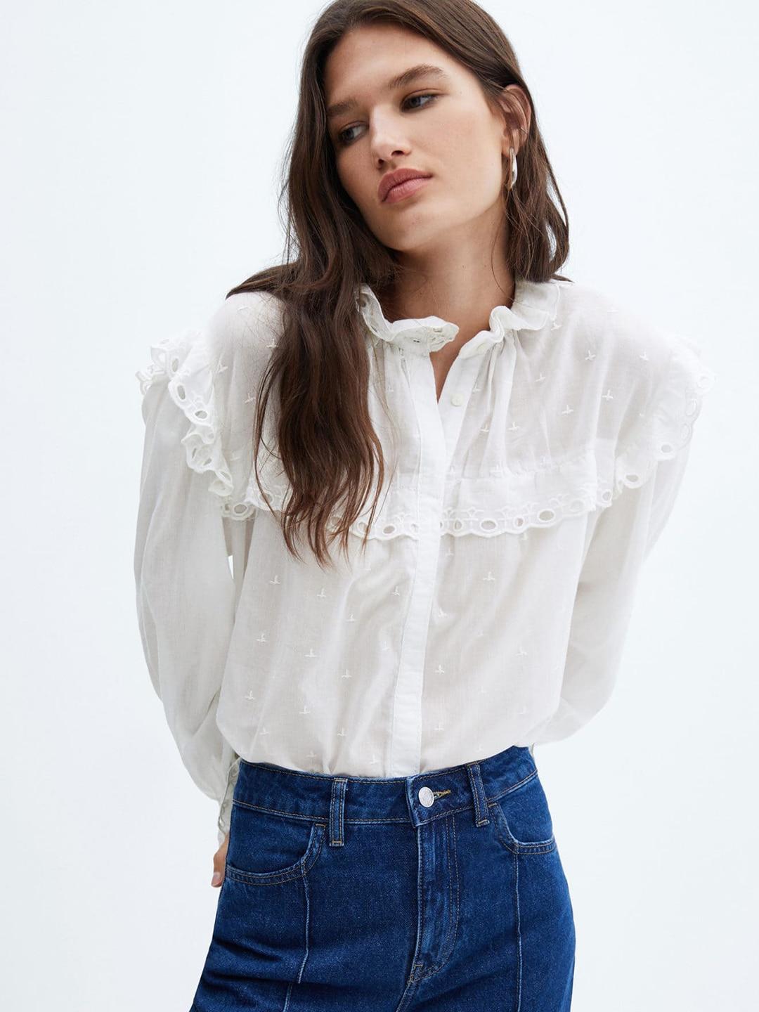 mango embroidered puff sleeve ruffled pure cotton shirt style top