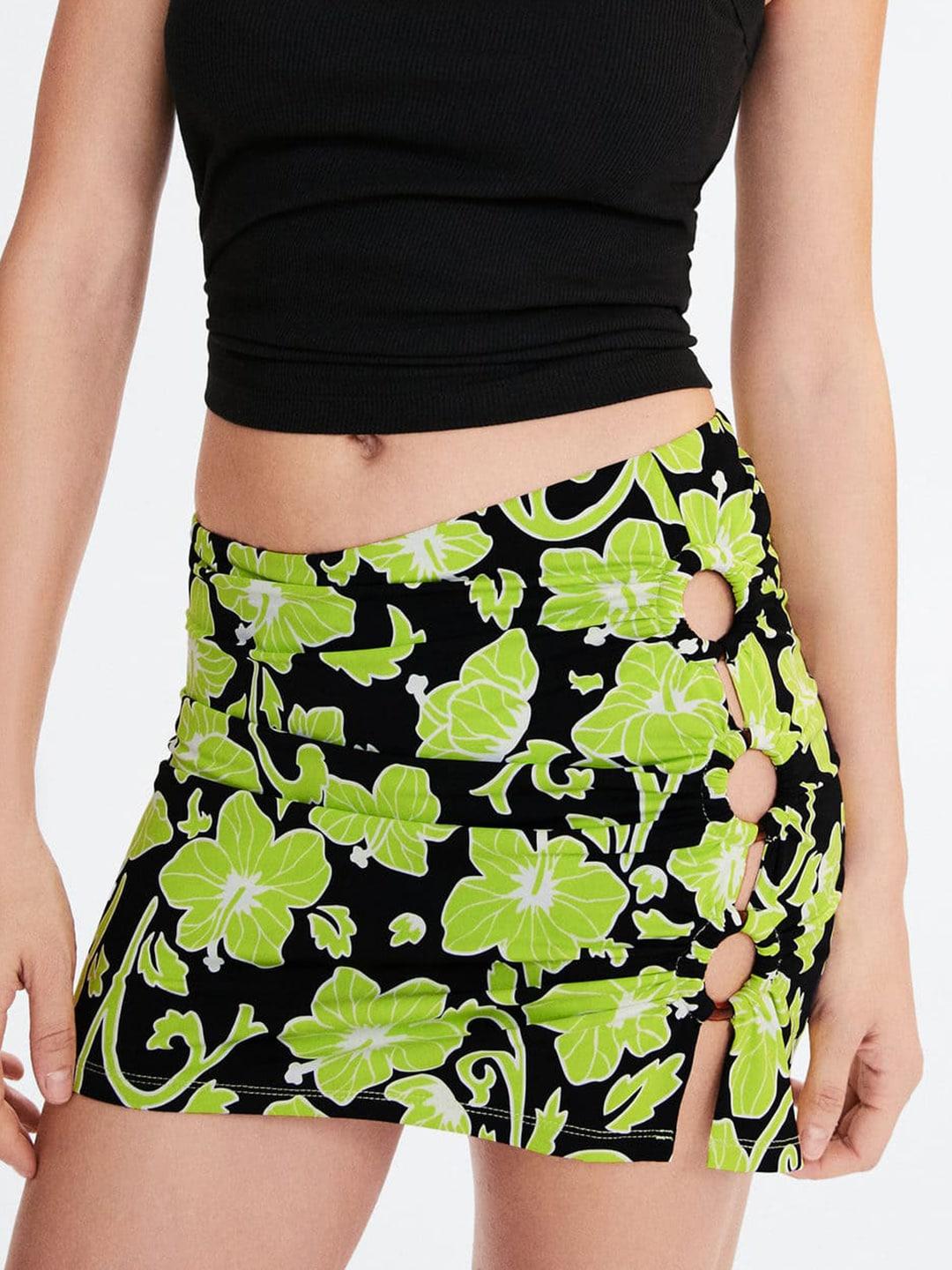 mango floral printed cut-out & ruched detail a-line mini skirt