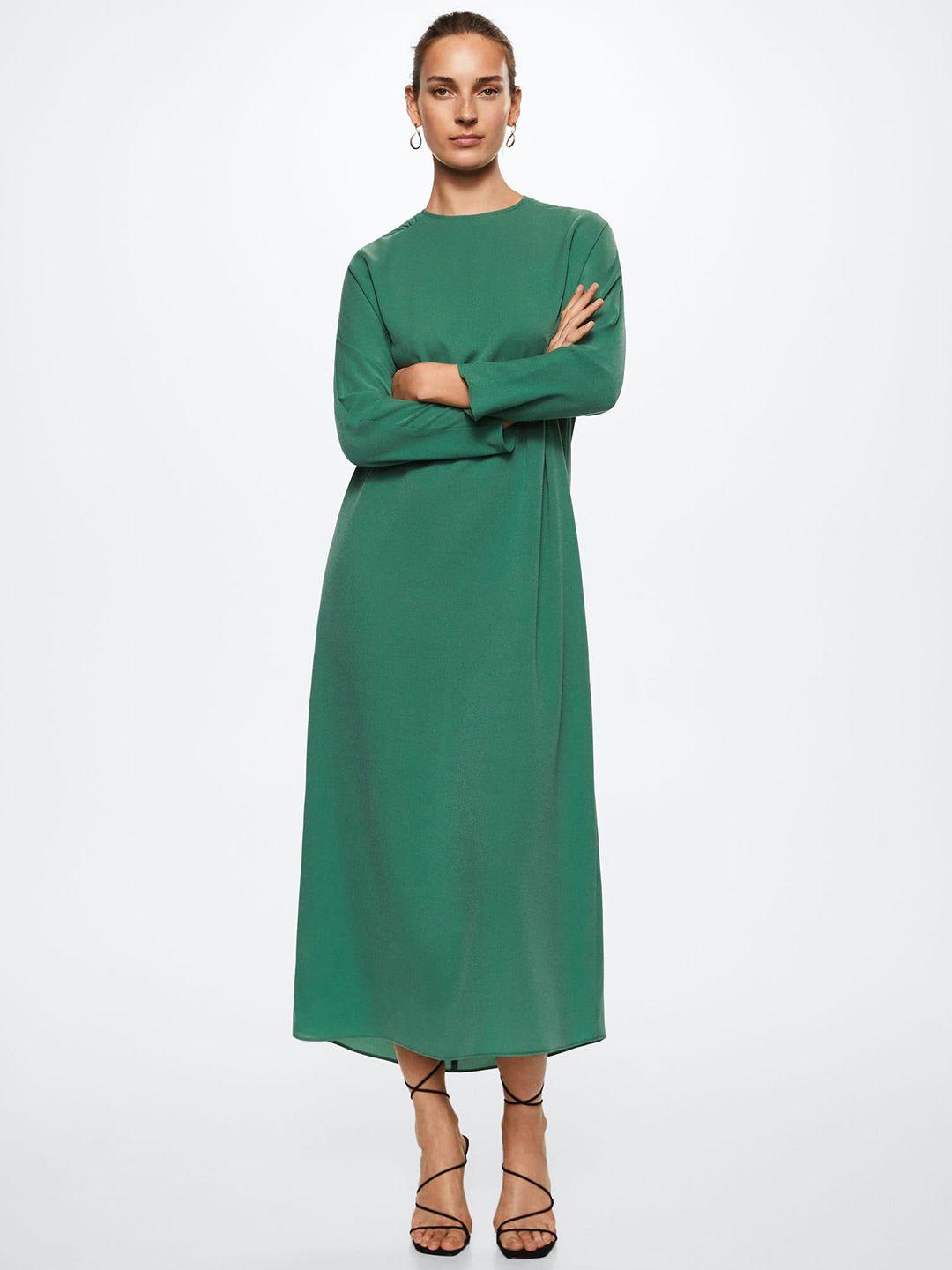 mango green sustainable solid ruched shift midi dress