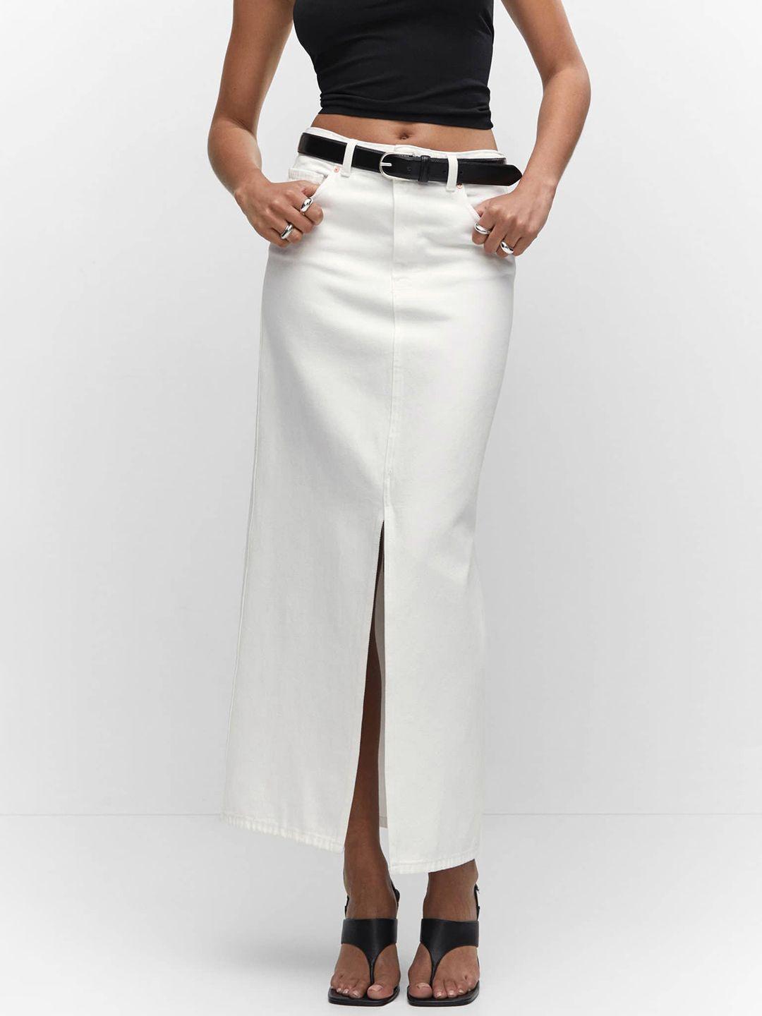 mango high-rise pure cotton slit detail maxi denim straight skirt