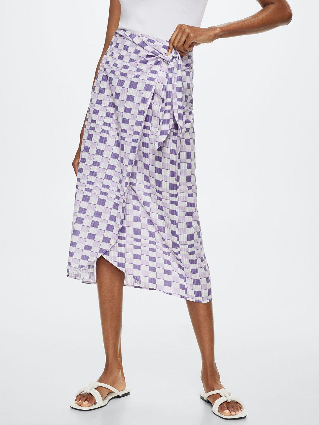 mango lavender & white pure cotton checked wrap midi skirt