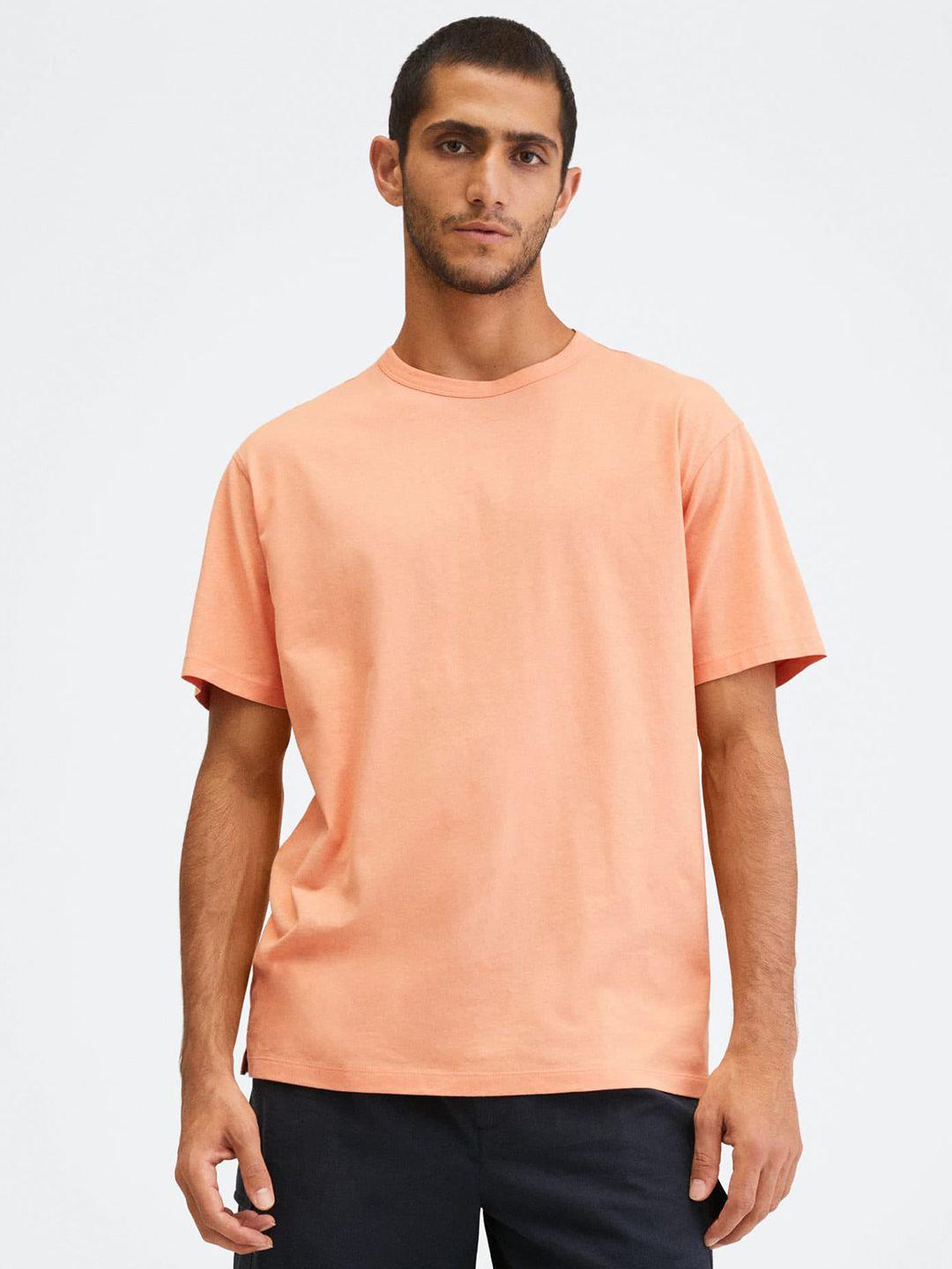 mango man men peach-coloured drop-shoulder sleeves pure cotton t-shirt