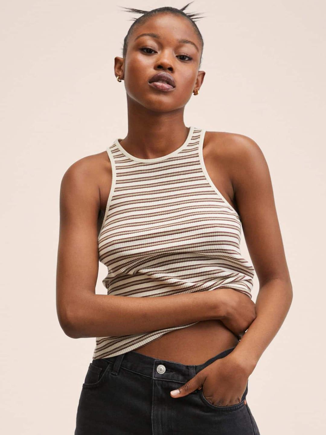 mango off-white & olive green ribbed striped top