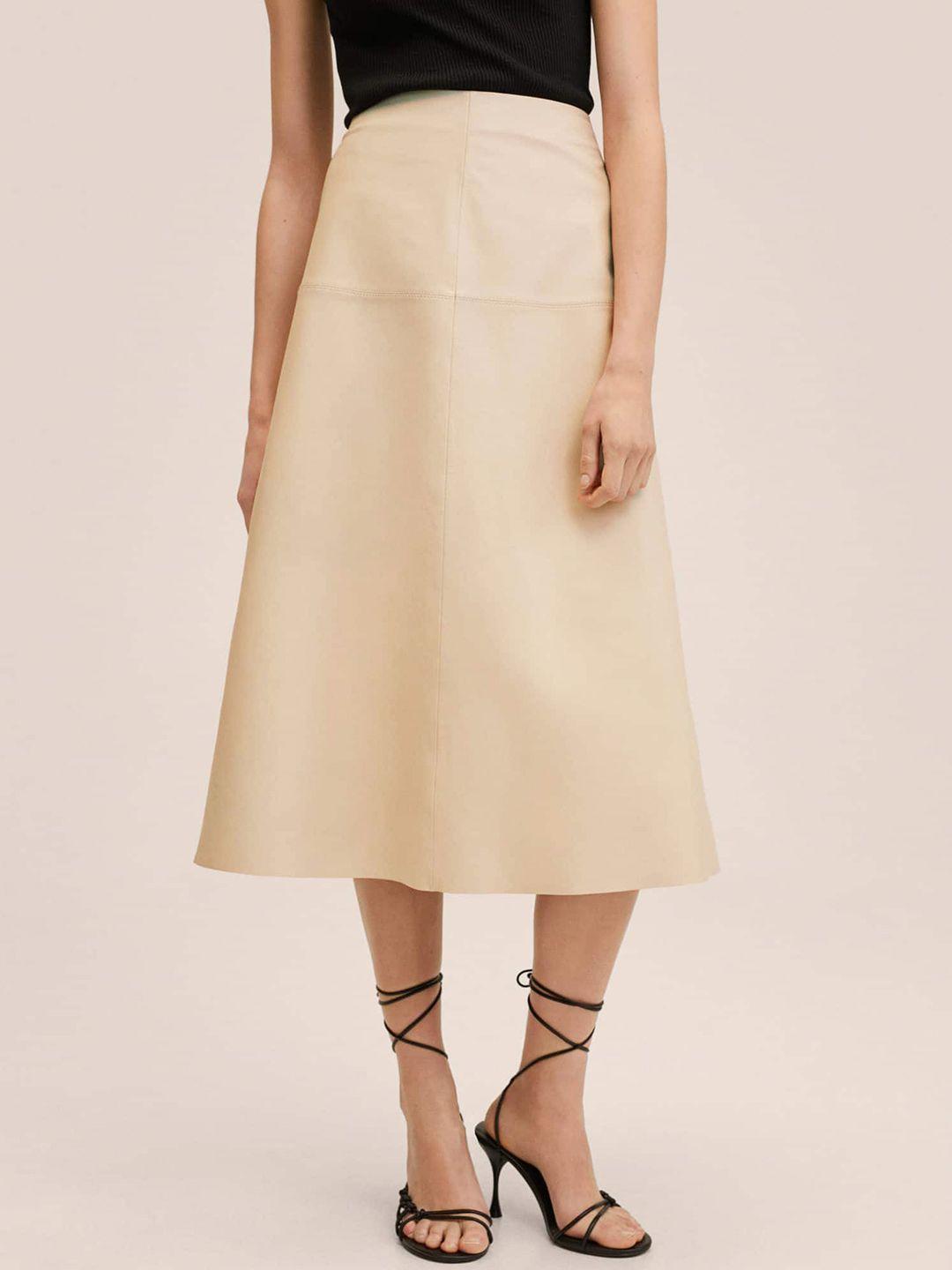 mango off-white leather solid casual a-line midi skirt