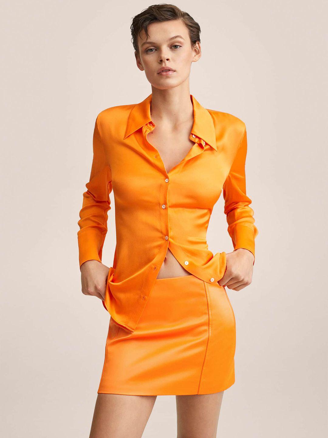 mango orange solid faux leather straight mini skirt