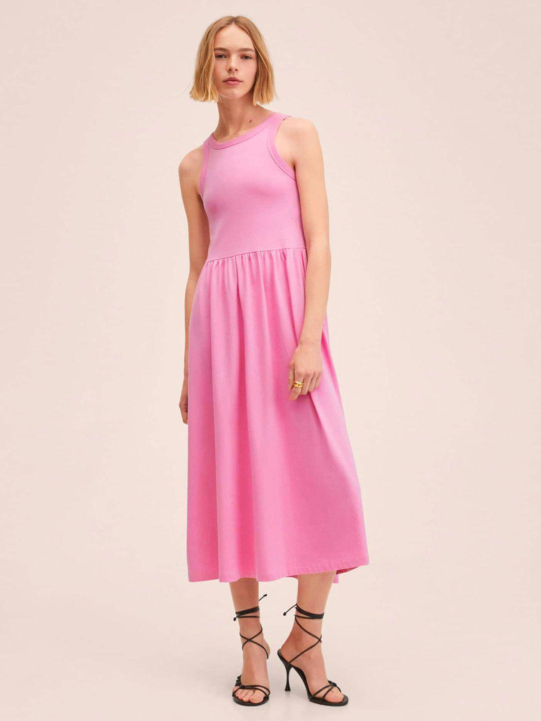mango pink  pure cotton solid a-line midi dress with gathered waist