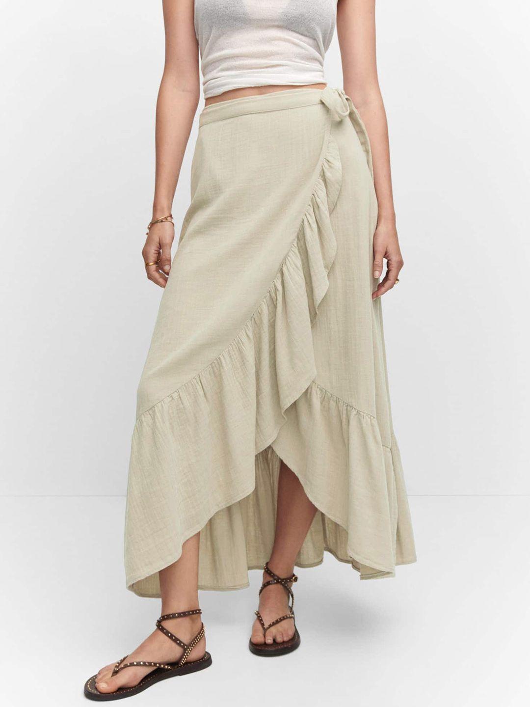 mango pure cotton ruffled & belted detail asymmetric maxi wrap skirt