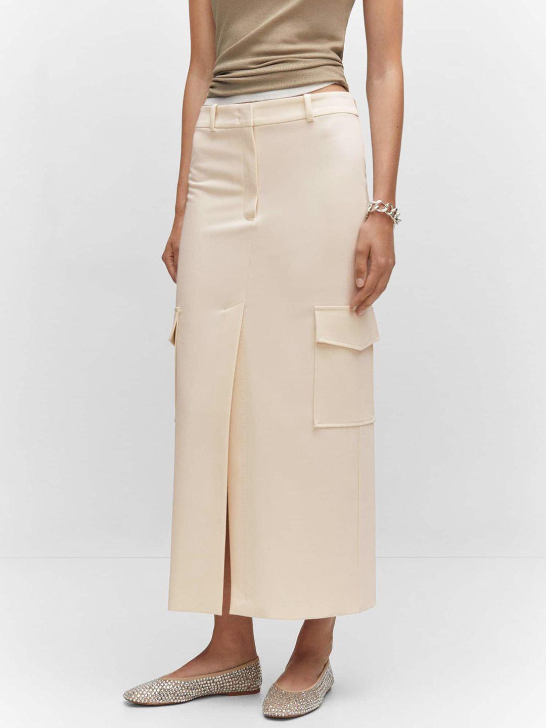 mango solid cargo pockets detailed front slit straight midi skirt