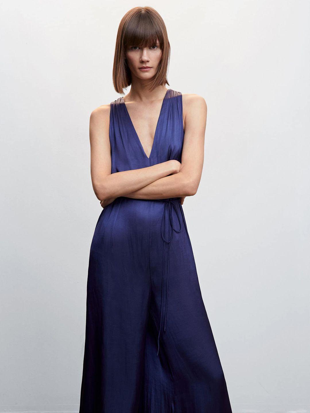 mango solid styled back satin sustainable jumpsuit with belt