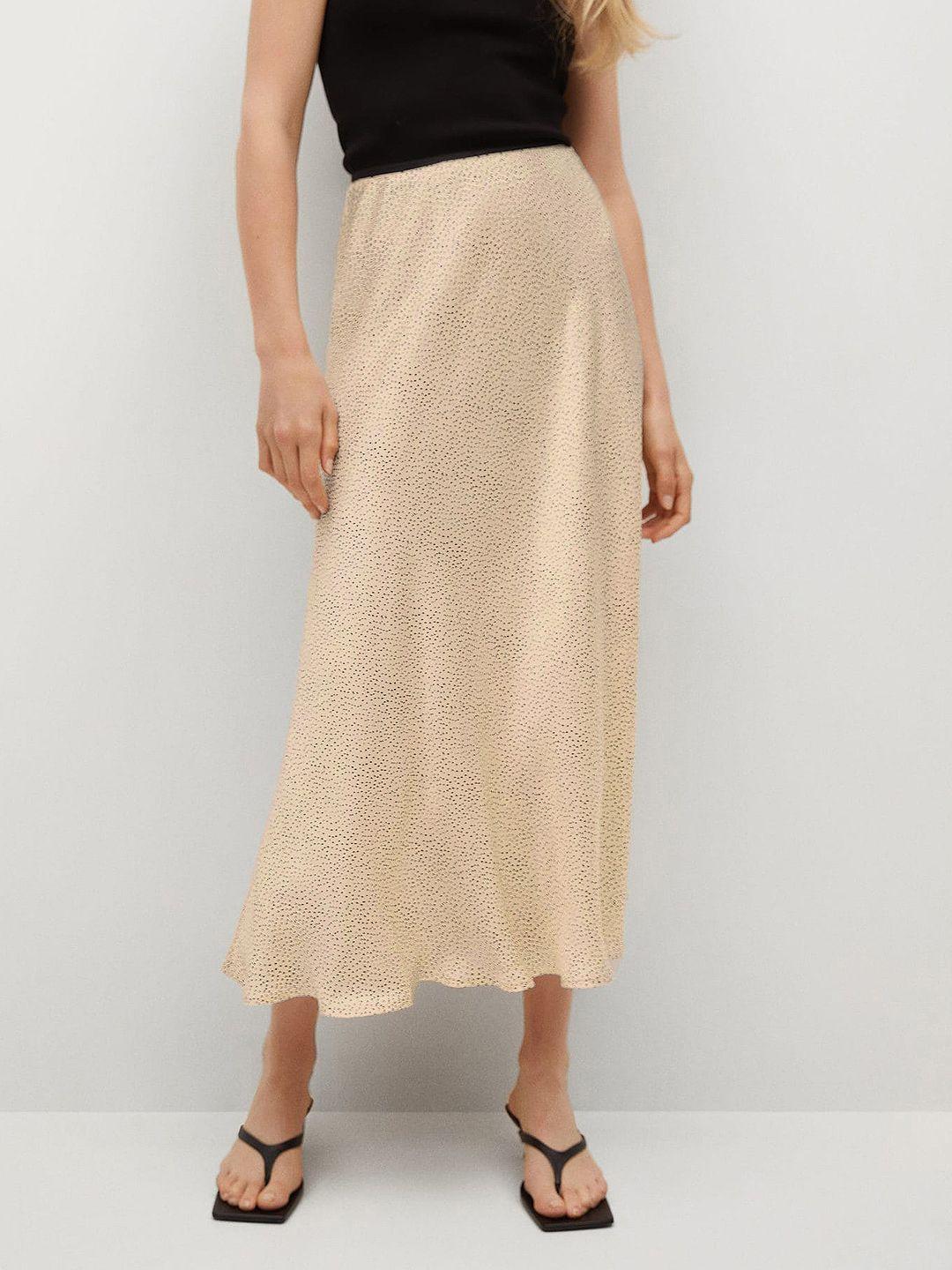 mango women beige & black geometric print a-line midi skirt