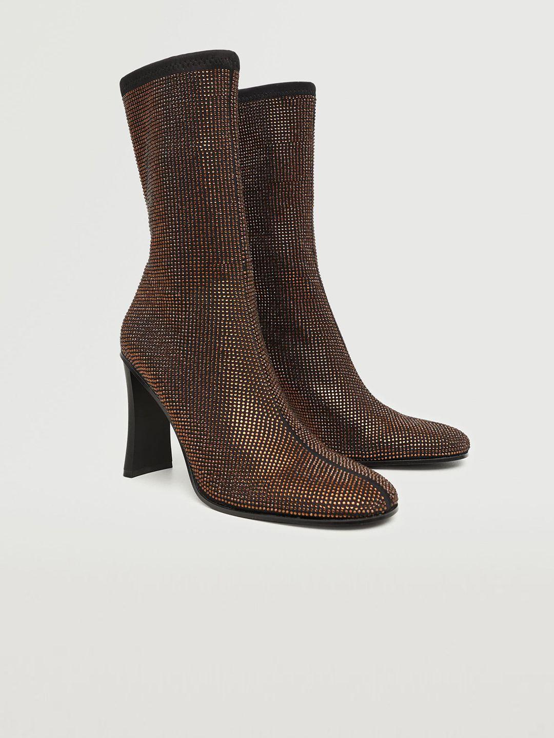 mango women black & coffee brown embellished mid-top block heeled regular boots