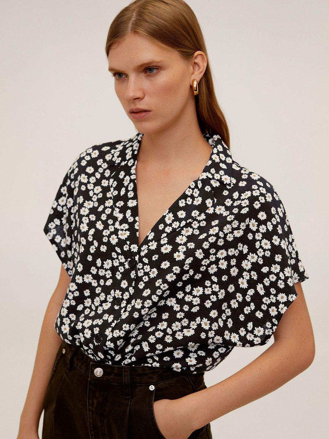 mango women black & white floral printed regular fit casual shirt