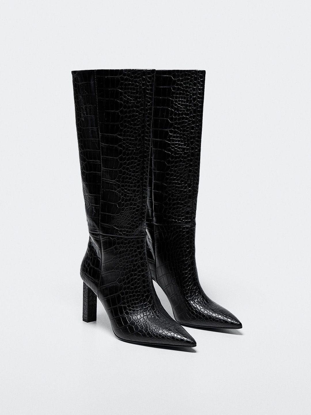 mango women black croc textured high-top pointed toe regular heeled boots