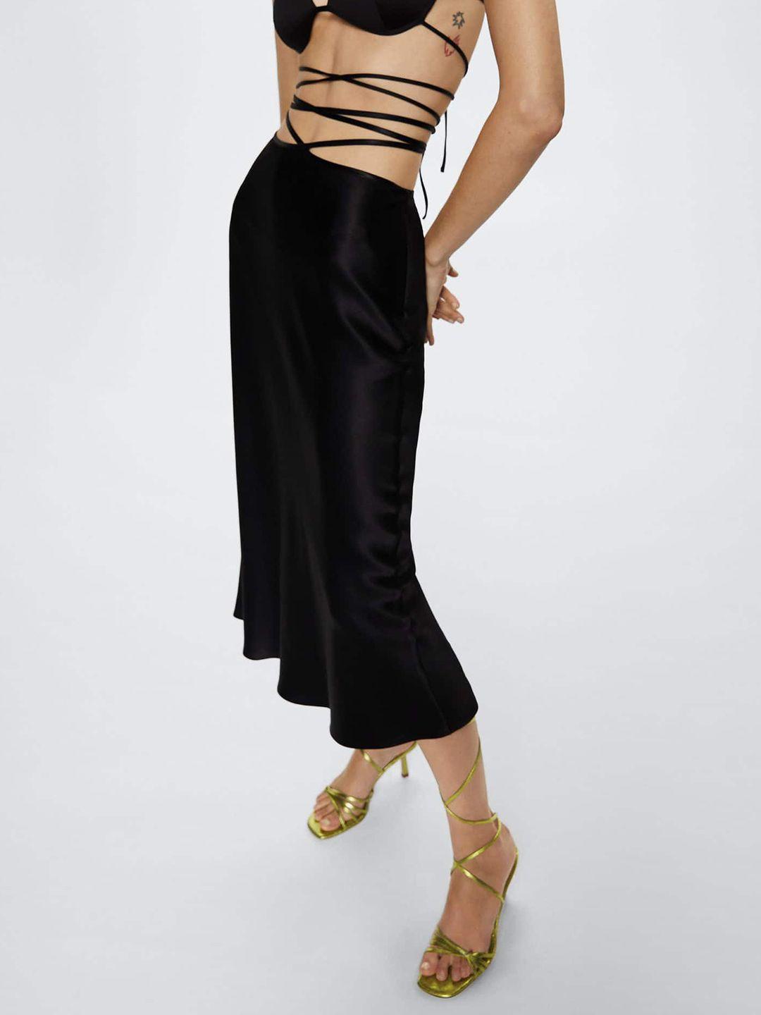 mango women black solid a-line midi skirt