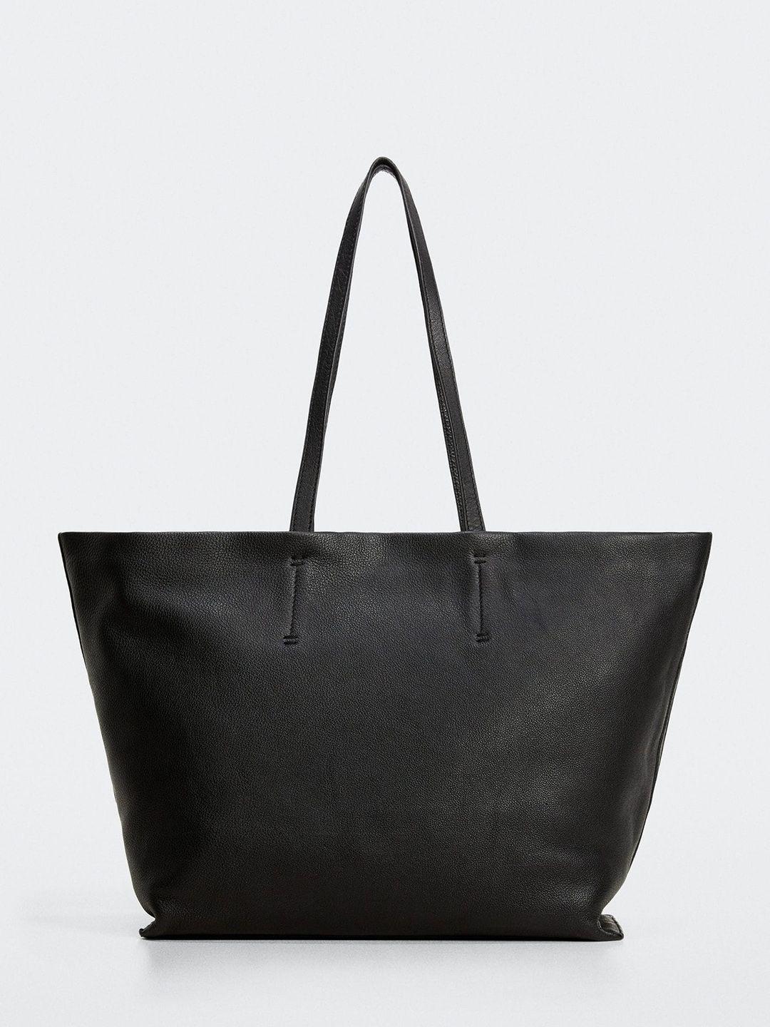 mango women black solid leather structured shoulder bag