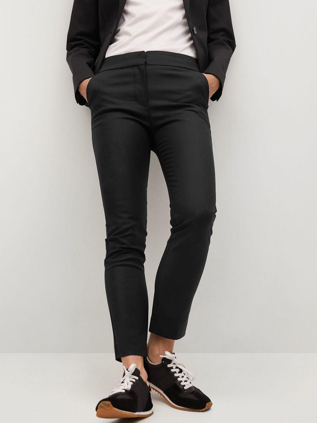 mango women black solid trousers