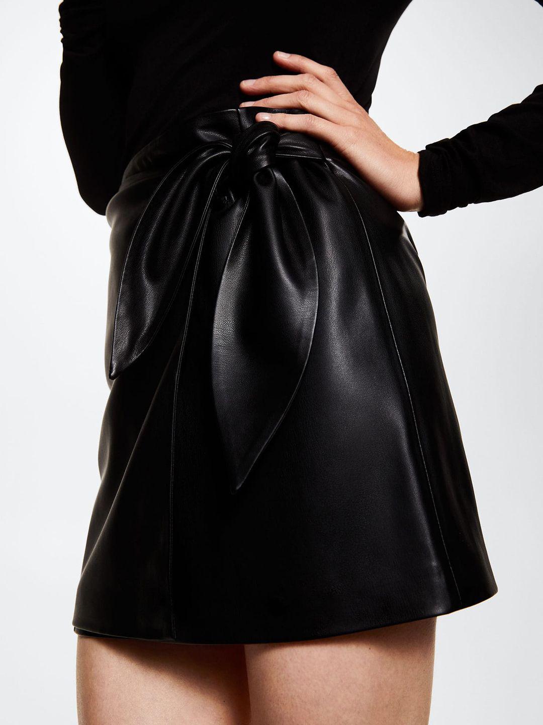 mango women black sustainable faux leather casual wrap skirt