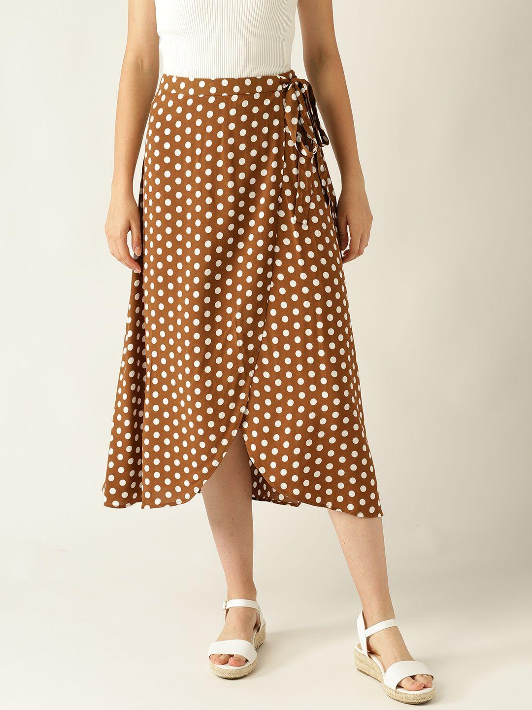 mango women brown & white polka dot print wrap skirt