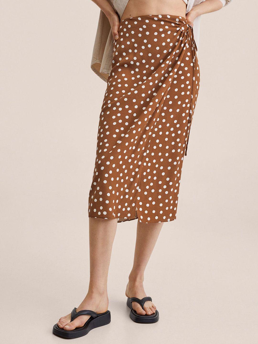mango women brown and white polka dot printed skirt