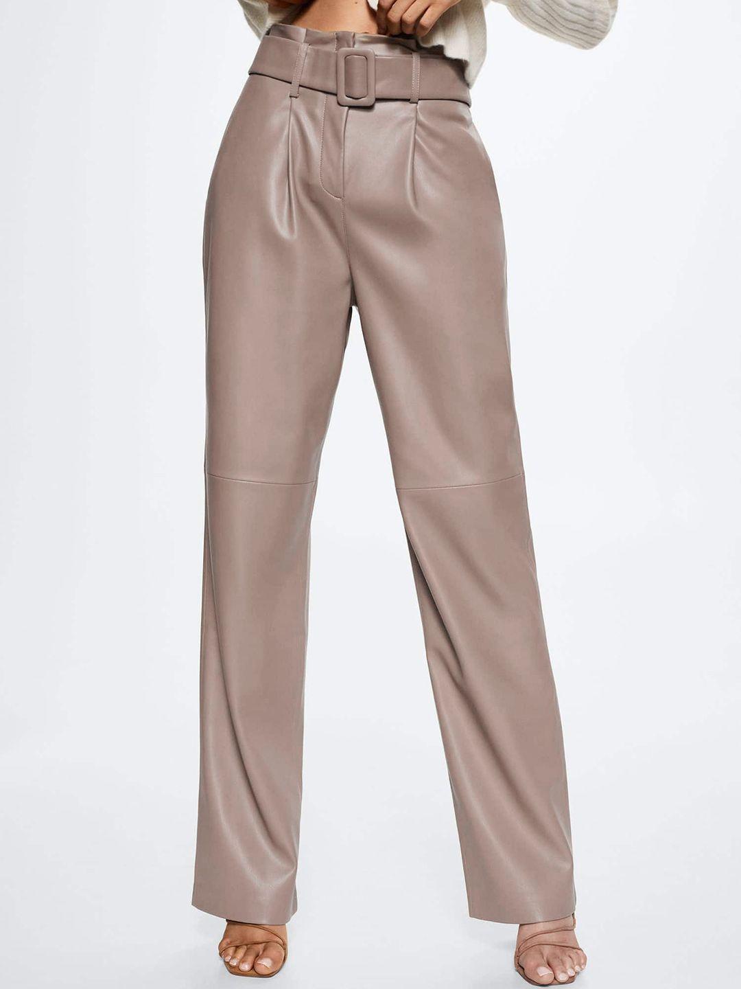 mango women brown solid faux leather straight fit high-rise coated trousers