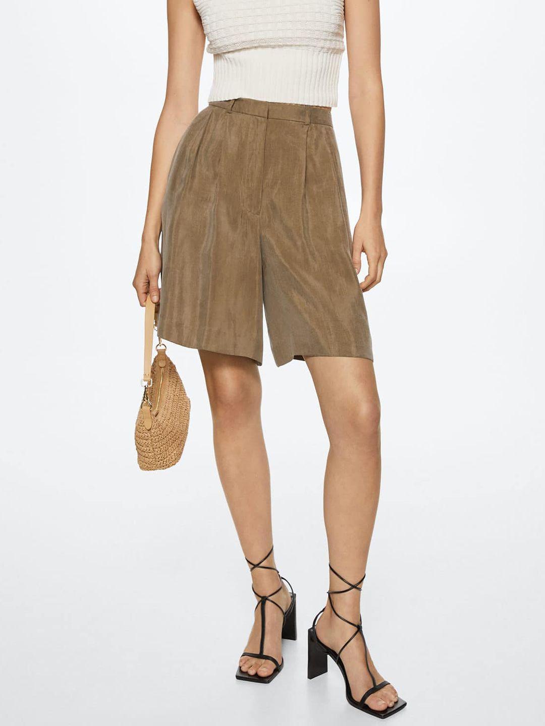 mango women brown solid pleated shorts