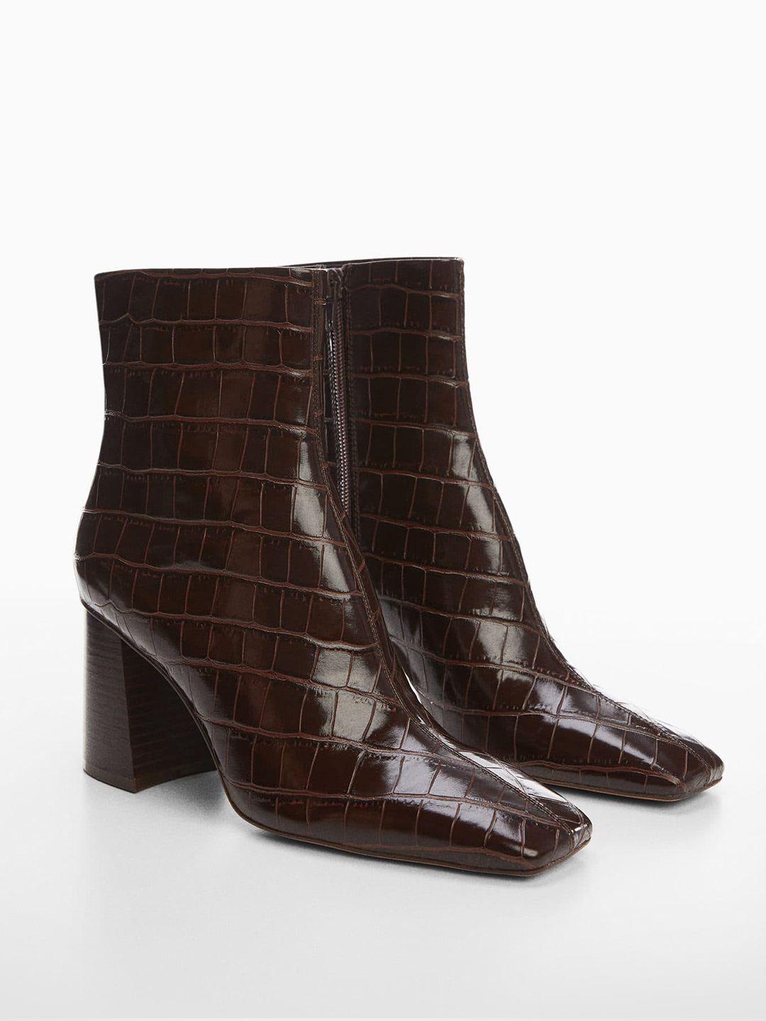 mango women croc textured mid-top block heel regular boots
