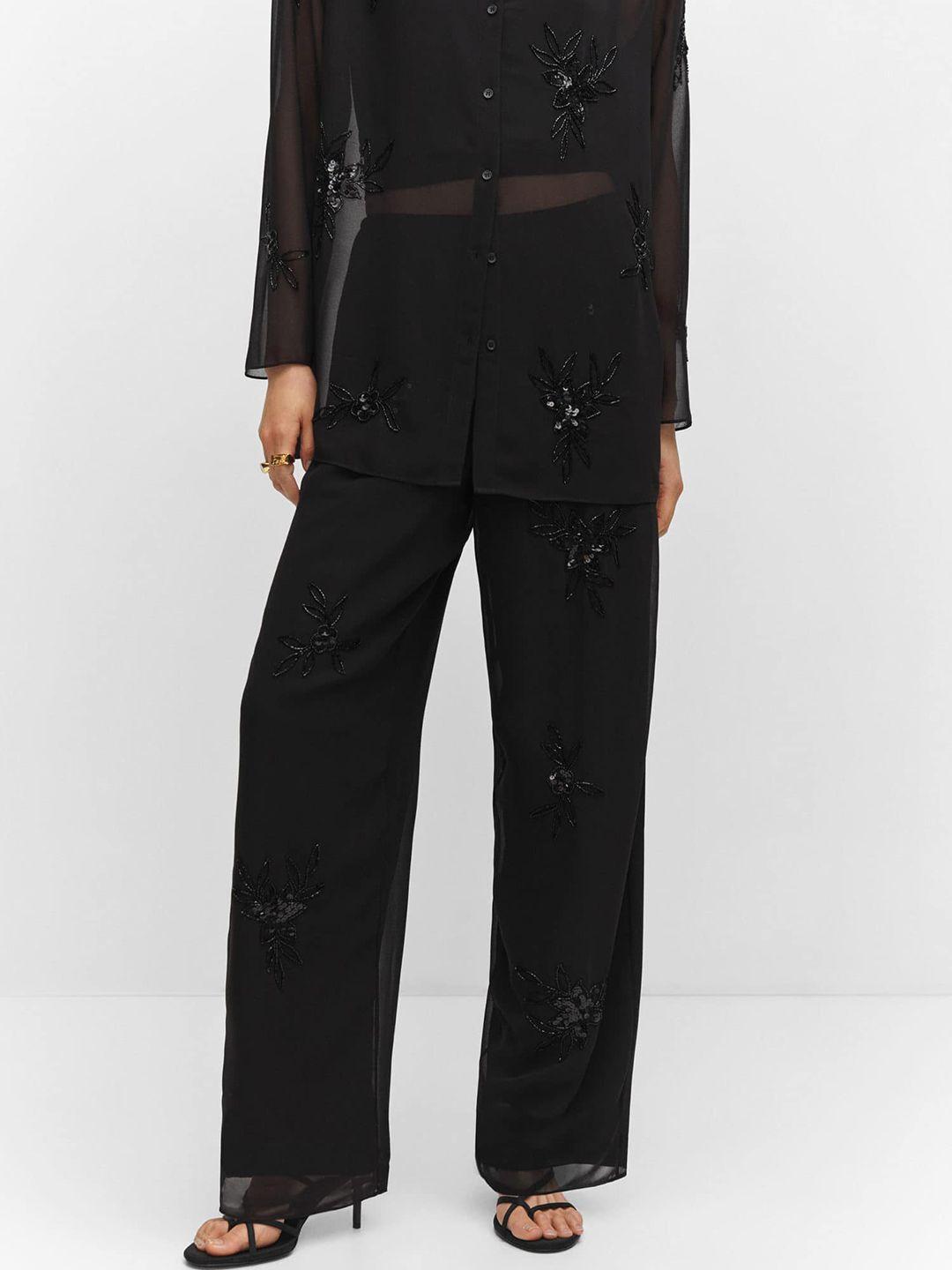 mango women floral embellished flared high-rise parallel trousers