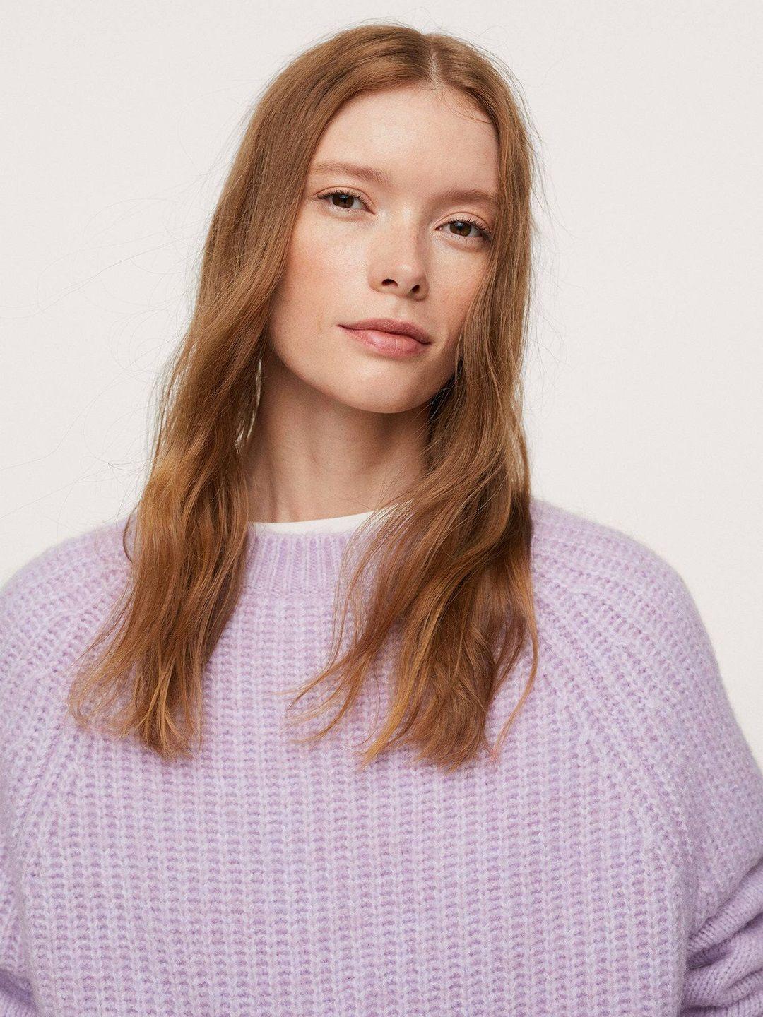 mango women lavender solid ribbed pullover