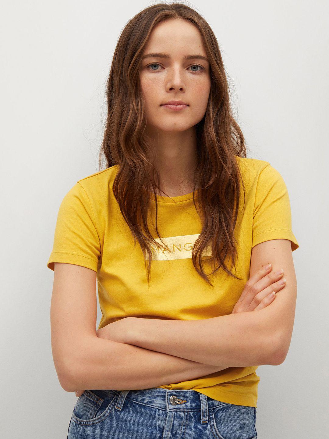 mango women mustard yellow brand logo printed pure cotton t-shirt