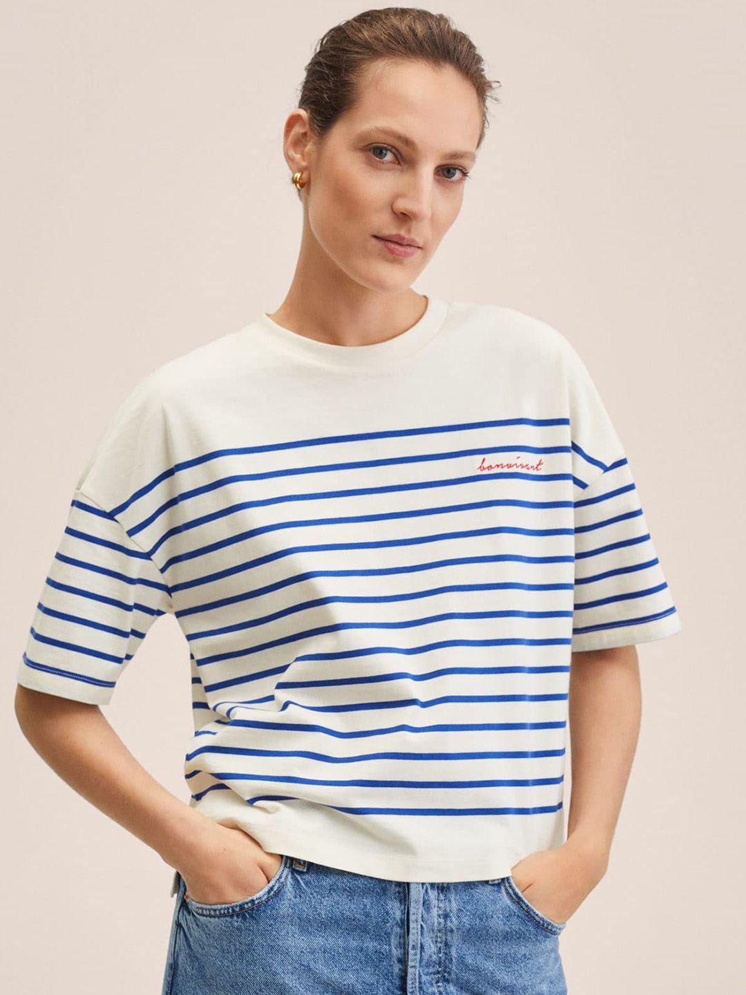 mango women off white & blue  pure cotton striped drop-shoulder sleeves t-shirt