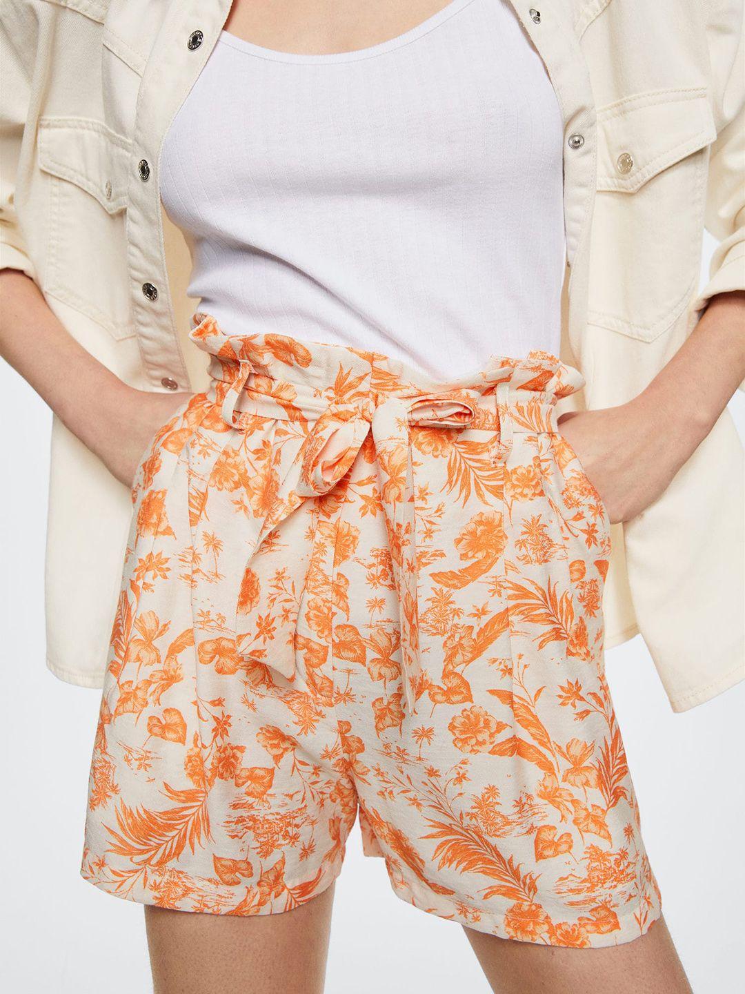 mango women off white & orange floral print shorts with belt