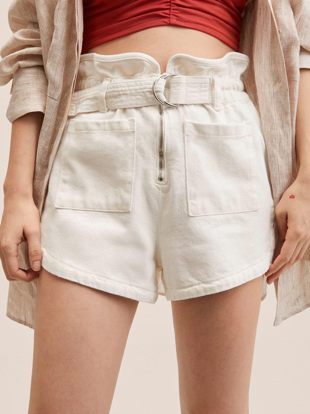 mango women off white solid high-rise denim shorts