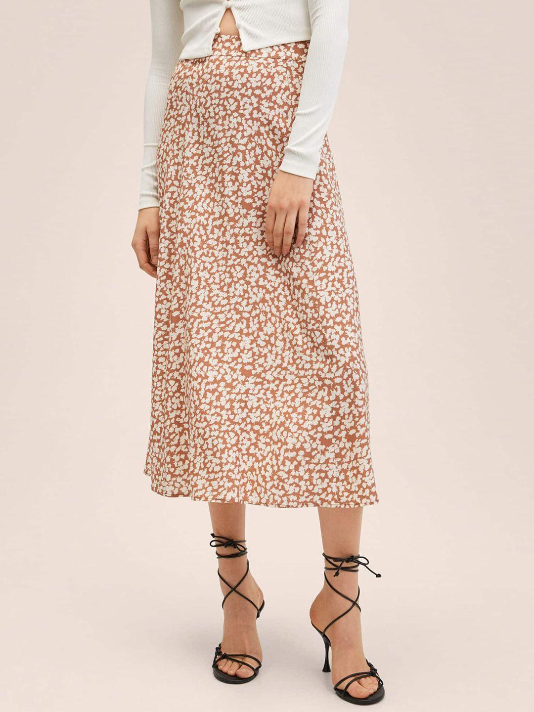 mango women off-white & beige floral printed a-line midi skirt