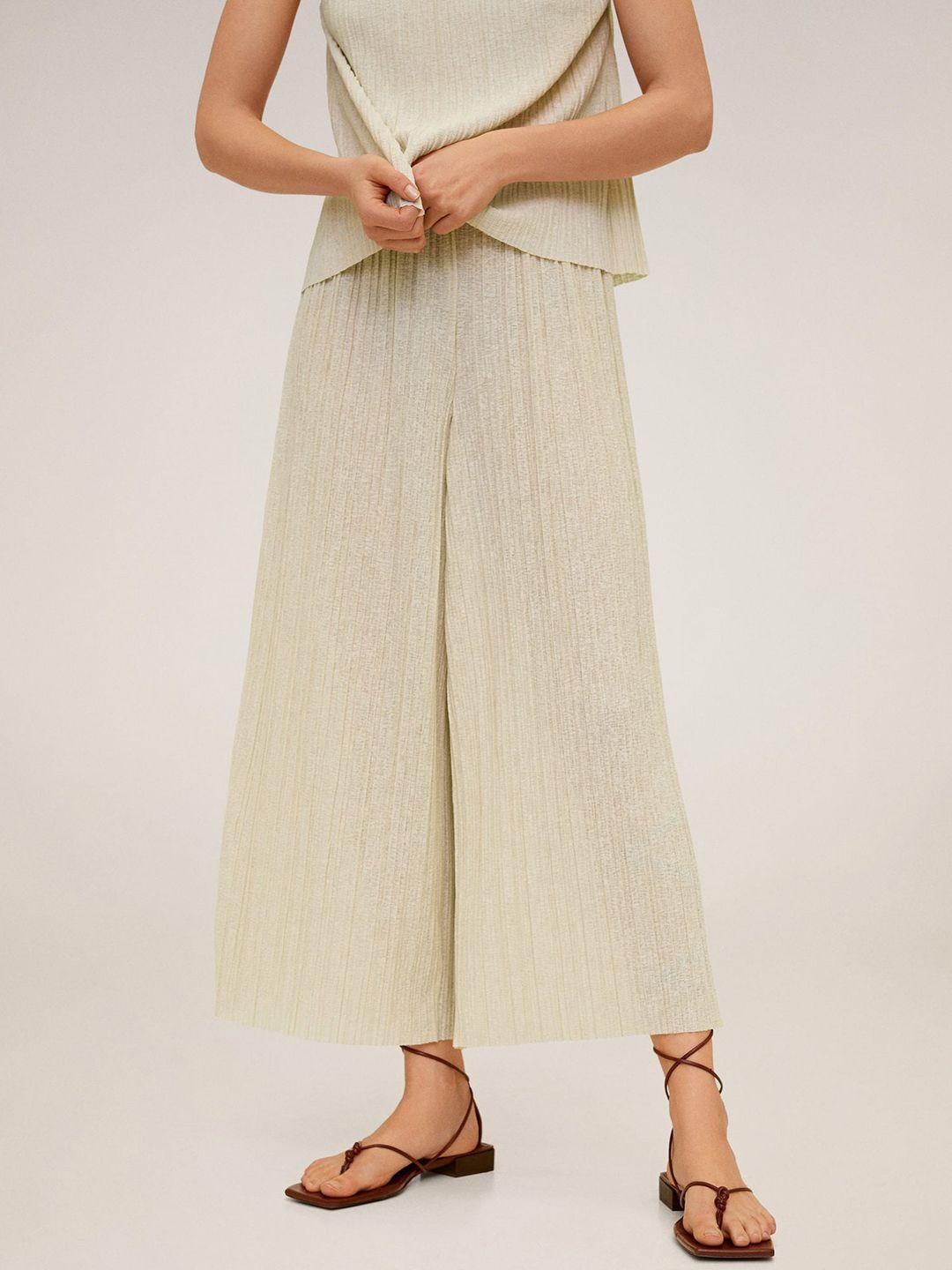 mango women off-white accordion pleated regular culotte fit solid parallel trousers