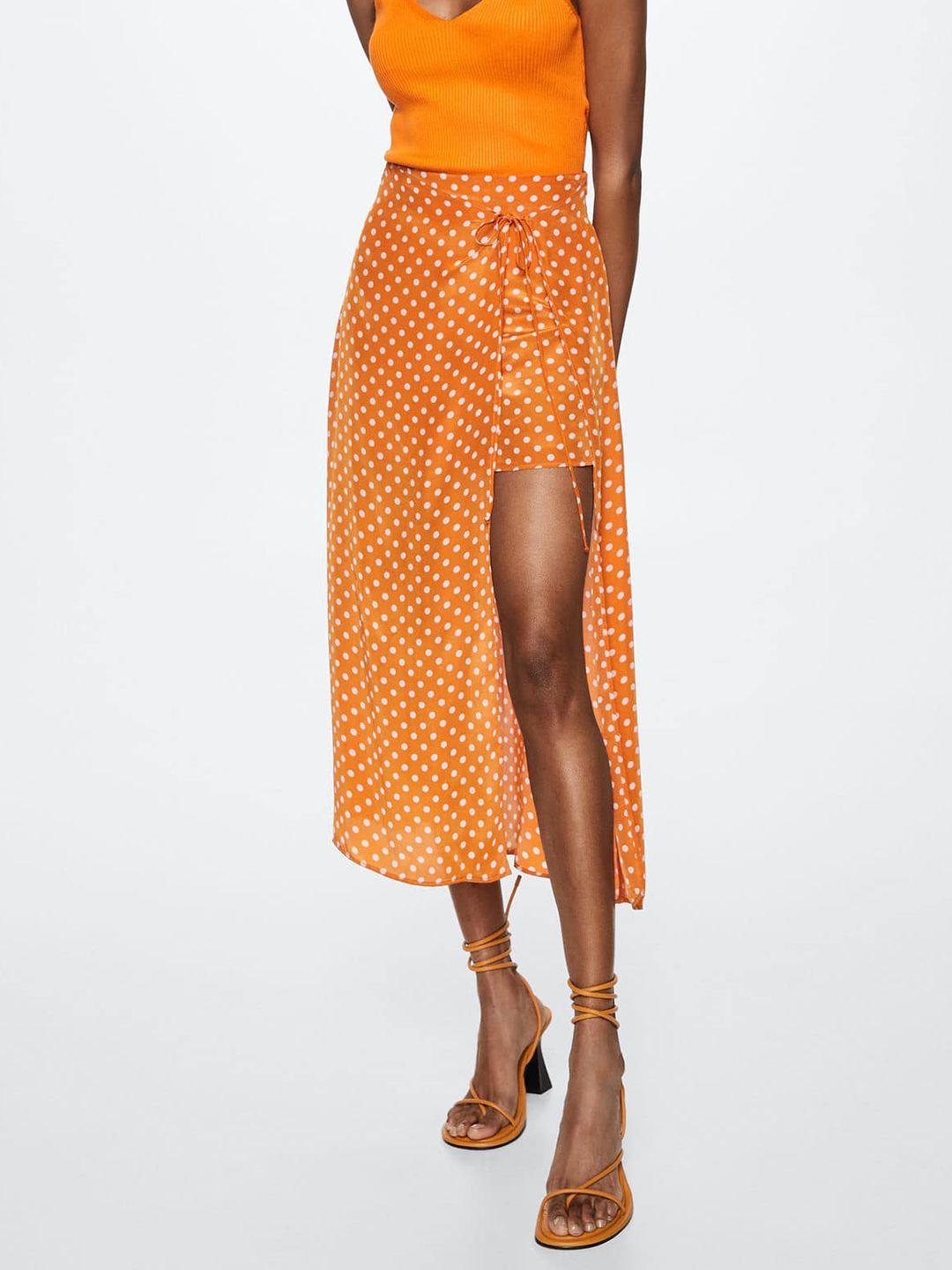 mango women orange & off-white polka dots print sustainable layered skirt