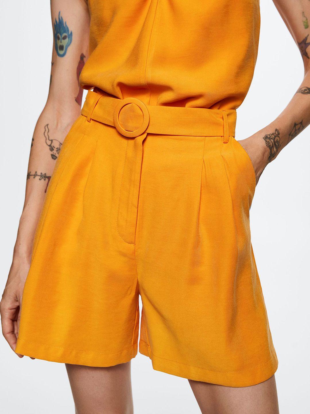 mango women orange solid chino shorts comes with a belt
