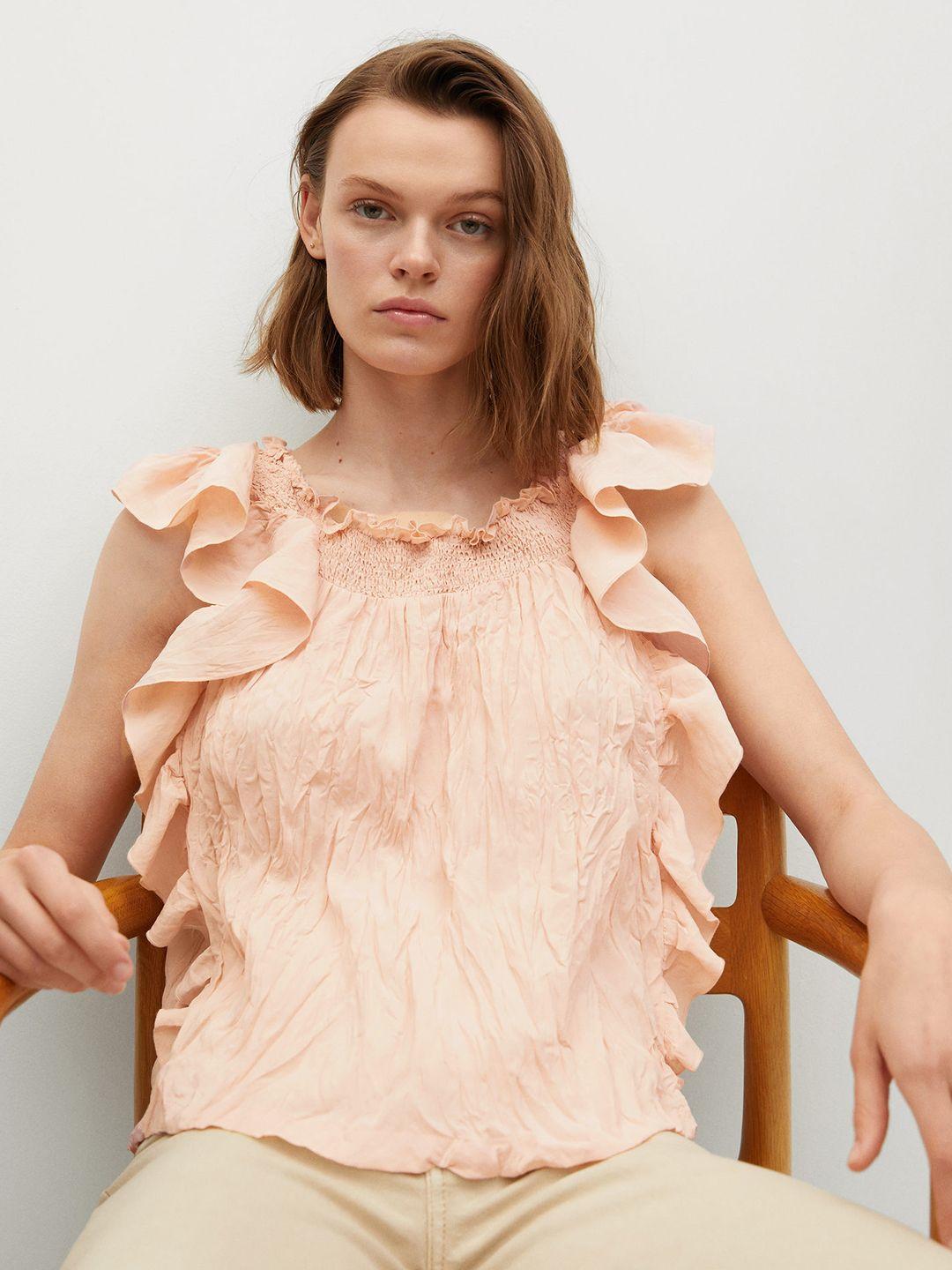 mango women peach-coloured crinkled effect ruffled a-line top with smocked detail