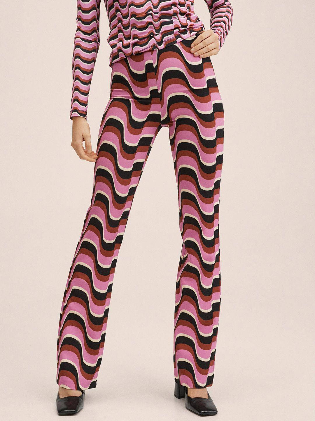 mango women pink & black printed straight fit high-rise trousers