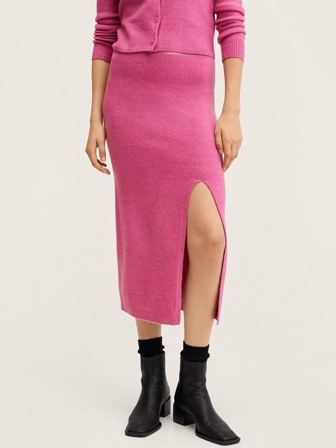 mango women pink ribbed slit knitted pencil skirt