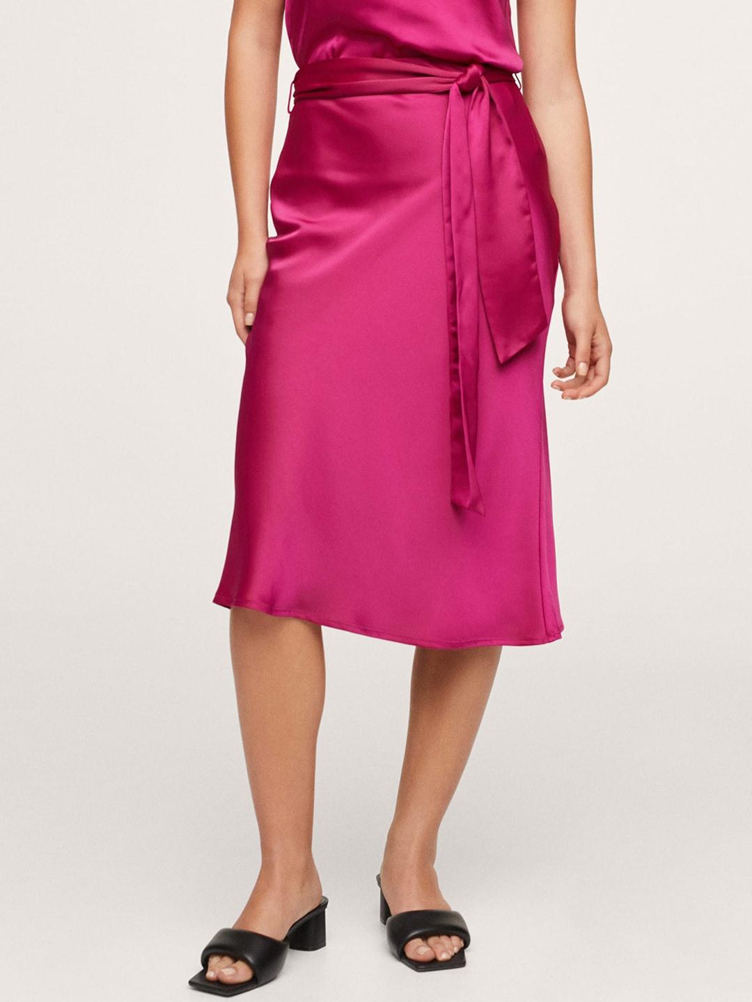 mango women pink solid straight skirt with tie-up