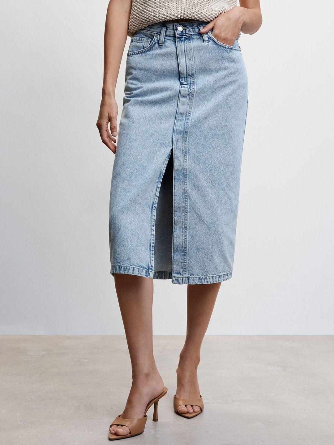 mango women pure cotton denim straight slit midi skirt