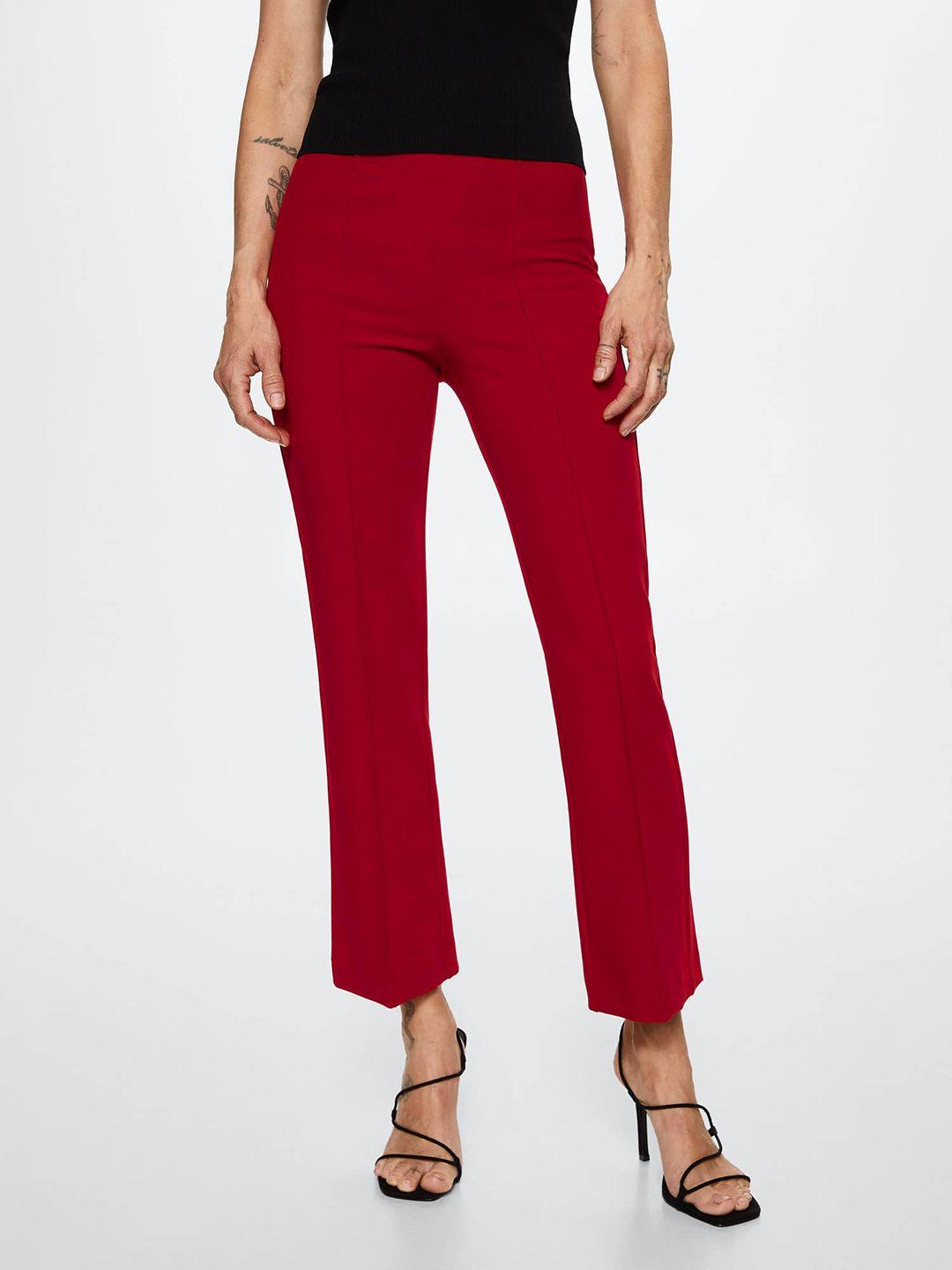 mango women red solid flared pleated sustainable cropped trousers