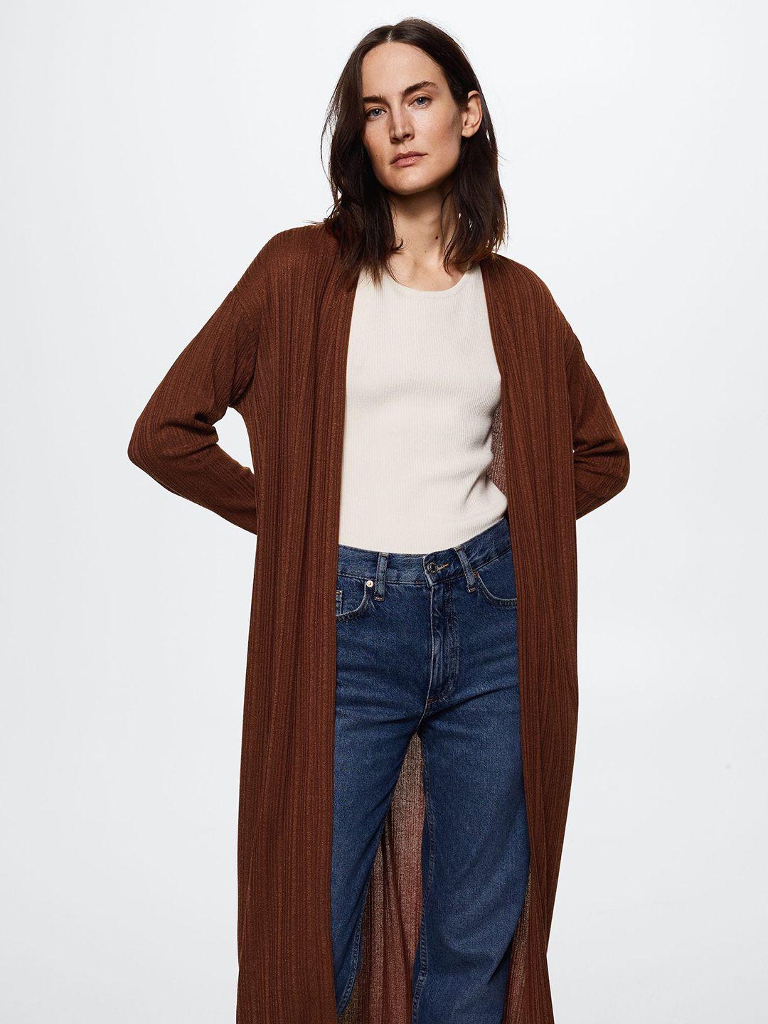mango women rust brown self design longline front-open sweater