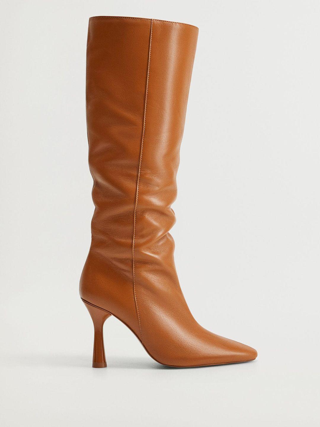 mango women tan brown solid high-top leather slim heel slouchy boots