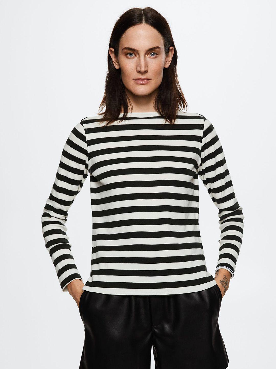 mango women white & black striped pure cotton  long sleeves sustainable t-shirt