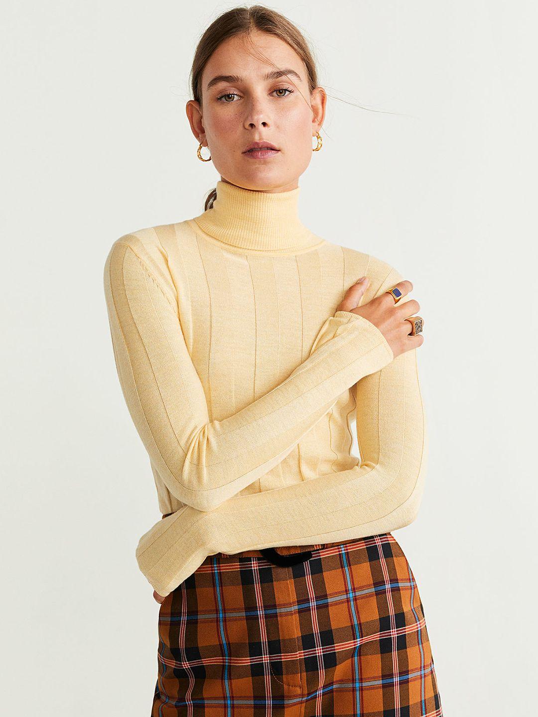 mango women yellow self-striped winter fitted top