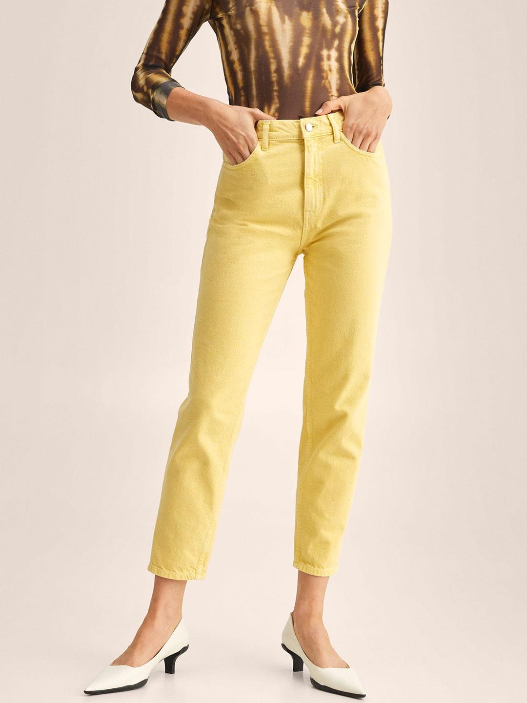 mango women yellow solid pure cotton mom fit high-rise jeans