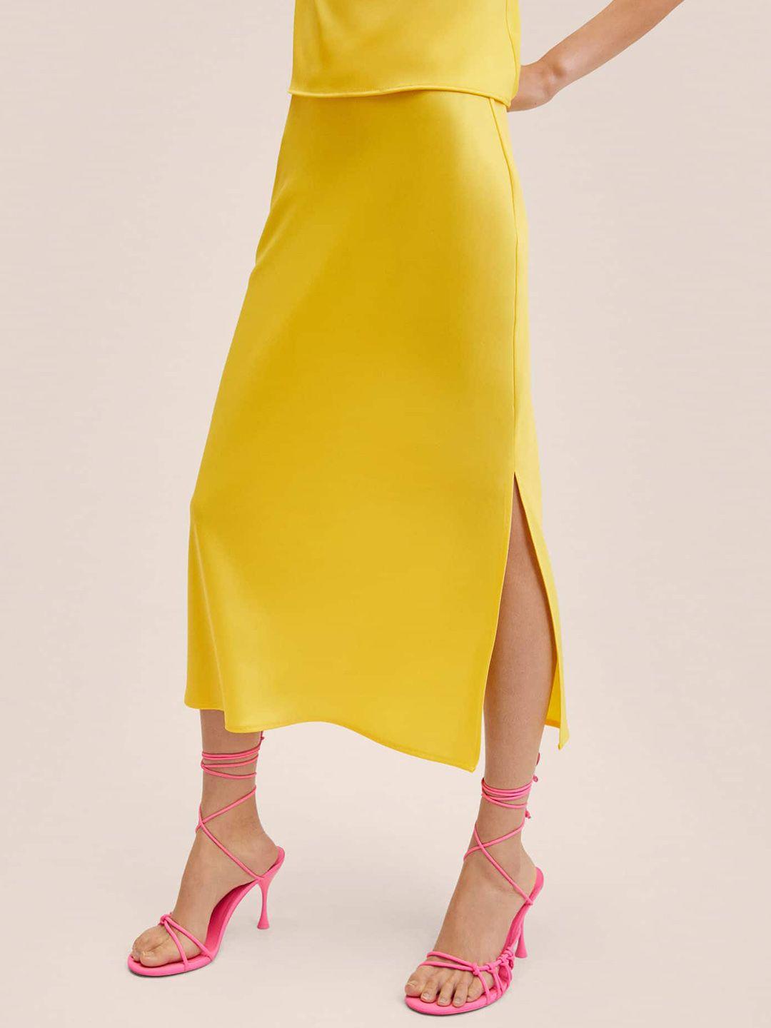 mango women yellow solid straight midi skirt