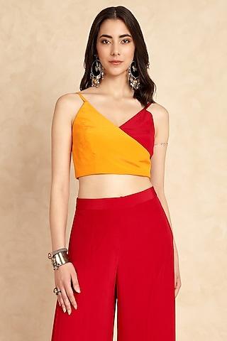 mango yellow & berry red crepe two-tone crop top